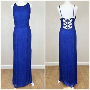 Vintage 1990s / Y2K Saks Fifth Avenue Cobalt Blue Silk Open Back Beaded Dress L